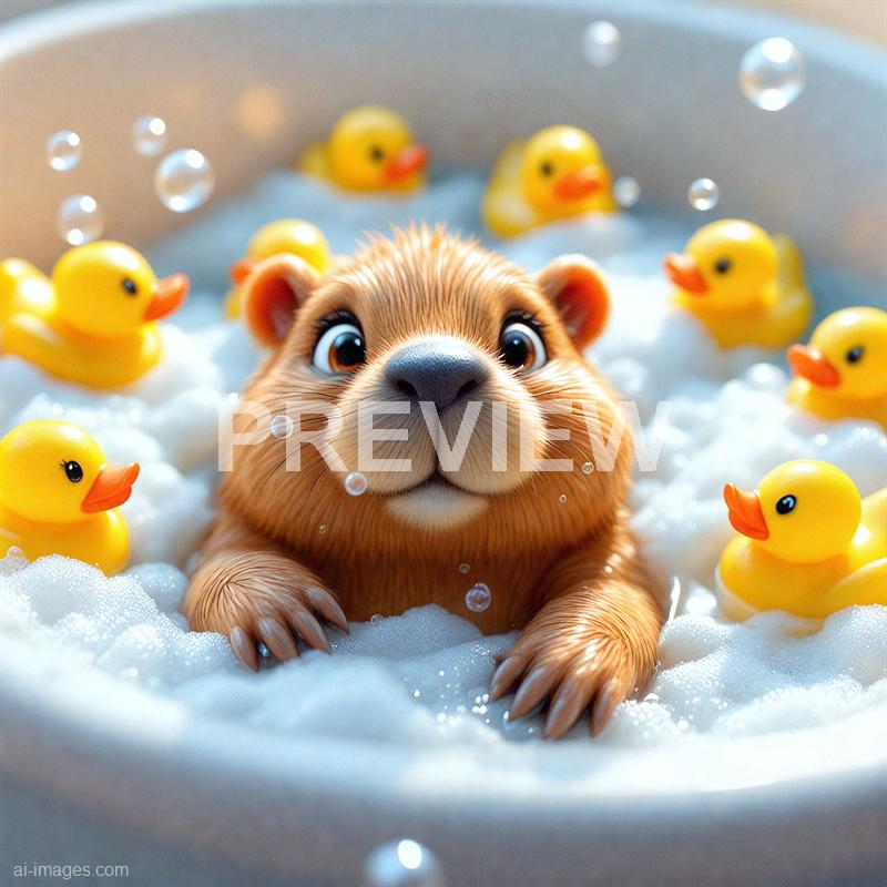 The image features an adorable, realistic-looking otter with large, expressive eyes, lying in a bath filled with white, fluffy soap suds. Surrounding the otter are several bright yellow rubber duckies, each with orange beaks, creating a playful and cheerful scene. Small soap bubbles float above the otter and ducks, adding to the lively and whimsical atmosphere of the bath setting.
